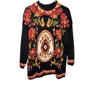 Vintage Jennifer Reed Hand Knit Floral Sweater - Ramie Cotton - Small - Black